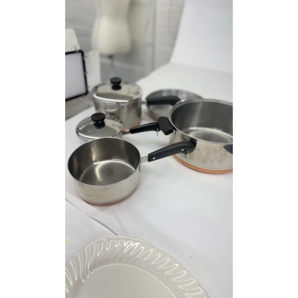 VTG 8 Piece Set Revere Ware 1801 Pots Pans Skillet & Lids Copper Bottom See Pics